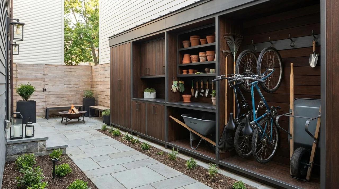 Outdoor storage wall with cabinets and organized backyard equipment.