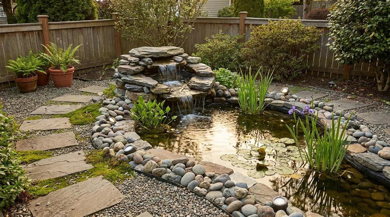 Small backyard water feature with stone fountain, plants, and relaxing garden design.