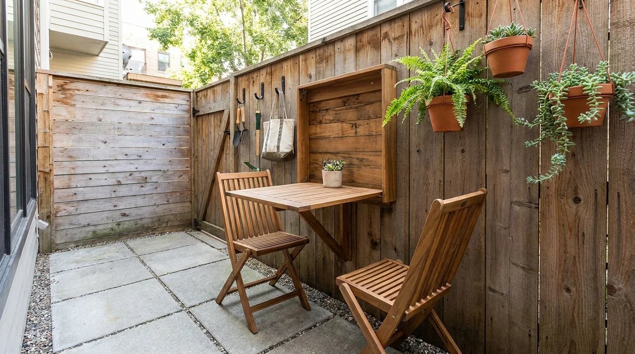 Wall-mounted folding table creating a space-saving dining area in a small backyard.