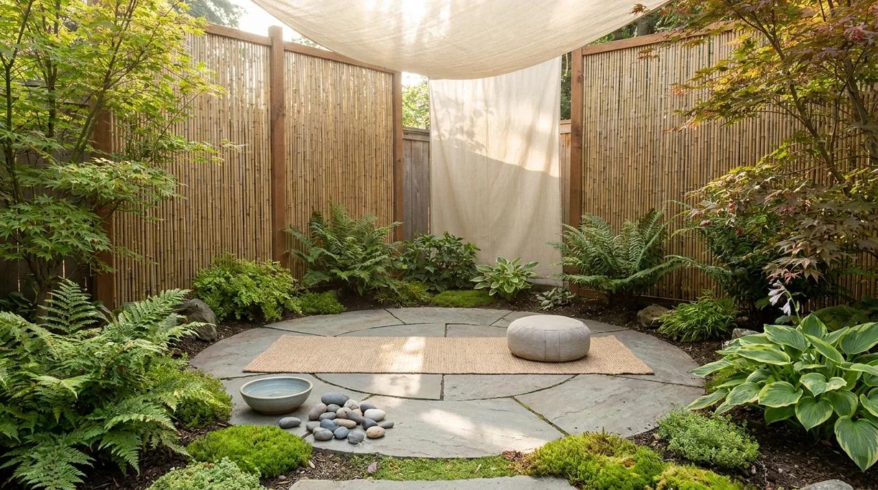 Small backyard meditation corner with calming plants and a peaceful design.