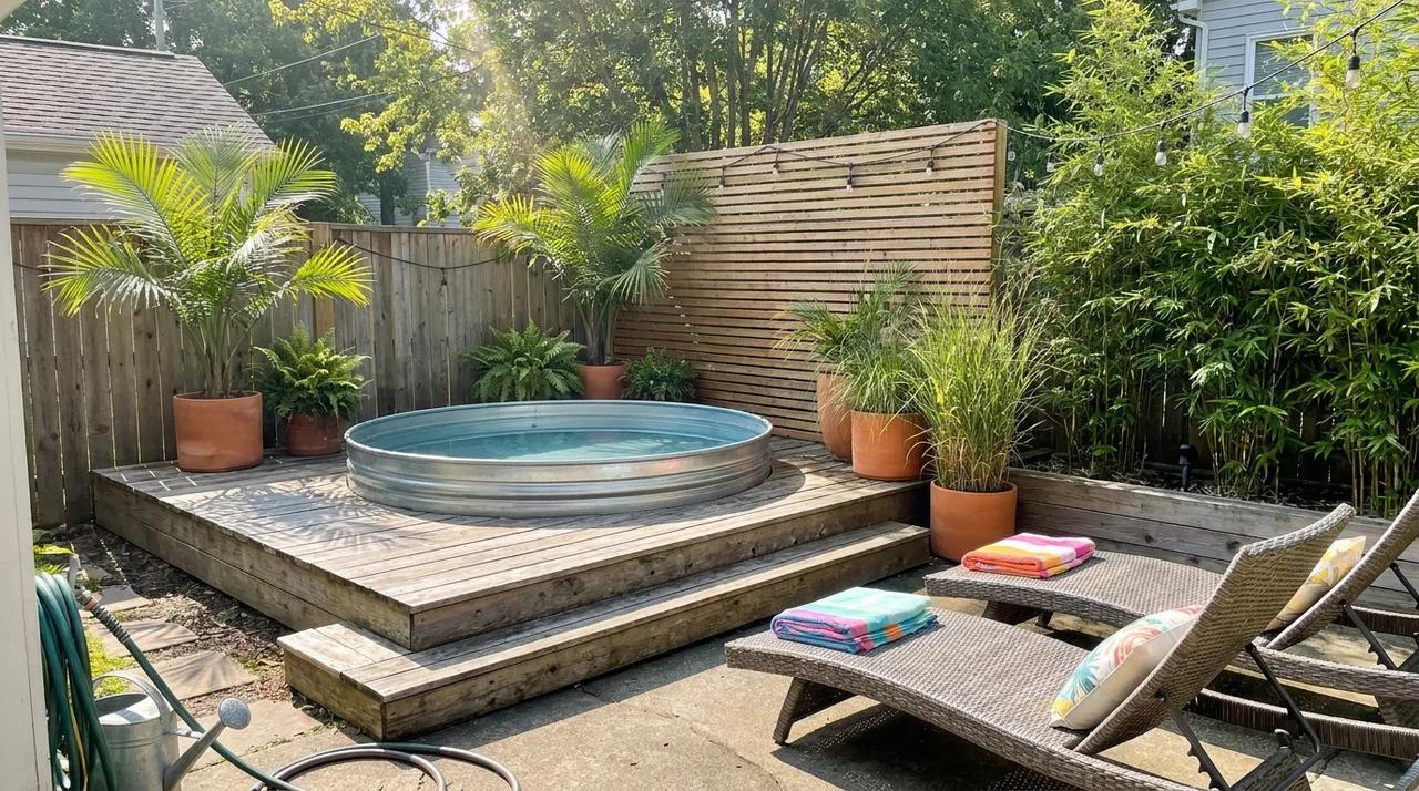 Small backyard stock tank pool with deck, plants, and outdoor relaxation area.