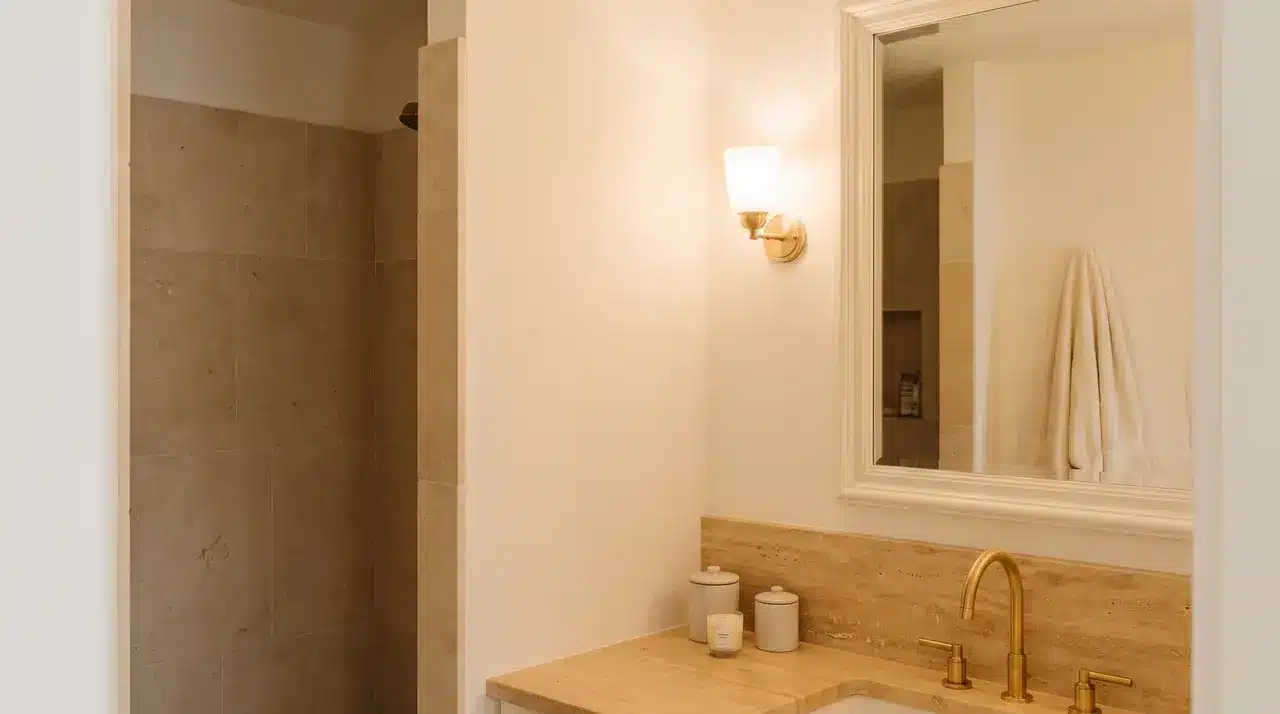Bathroom with warm off-white walls, beige stone, and brass fixtures.