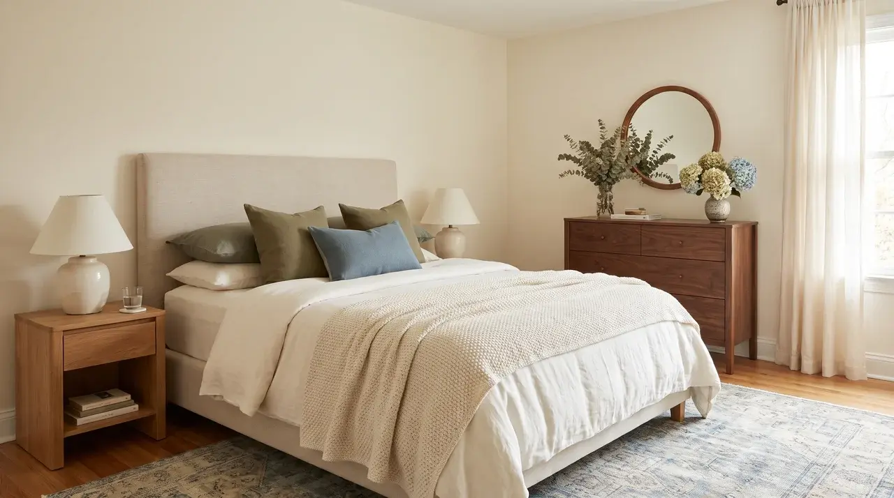 Bedroom with warm off-white walls, neutral bedding, and wood furniture.