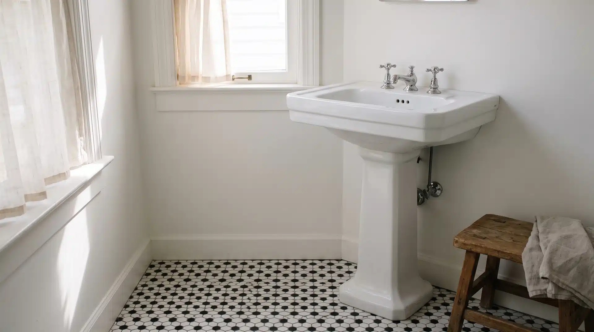 Classic black and white geometric tile floor in a guest bathroom with white pedestal sink and chrome fixtures.