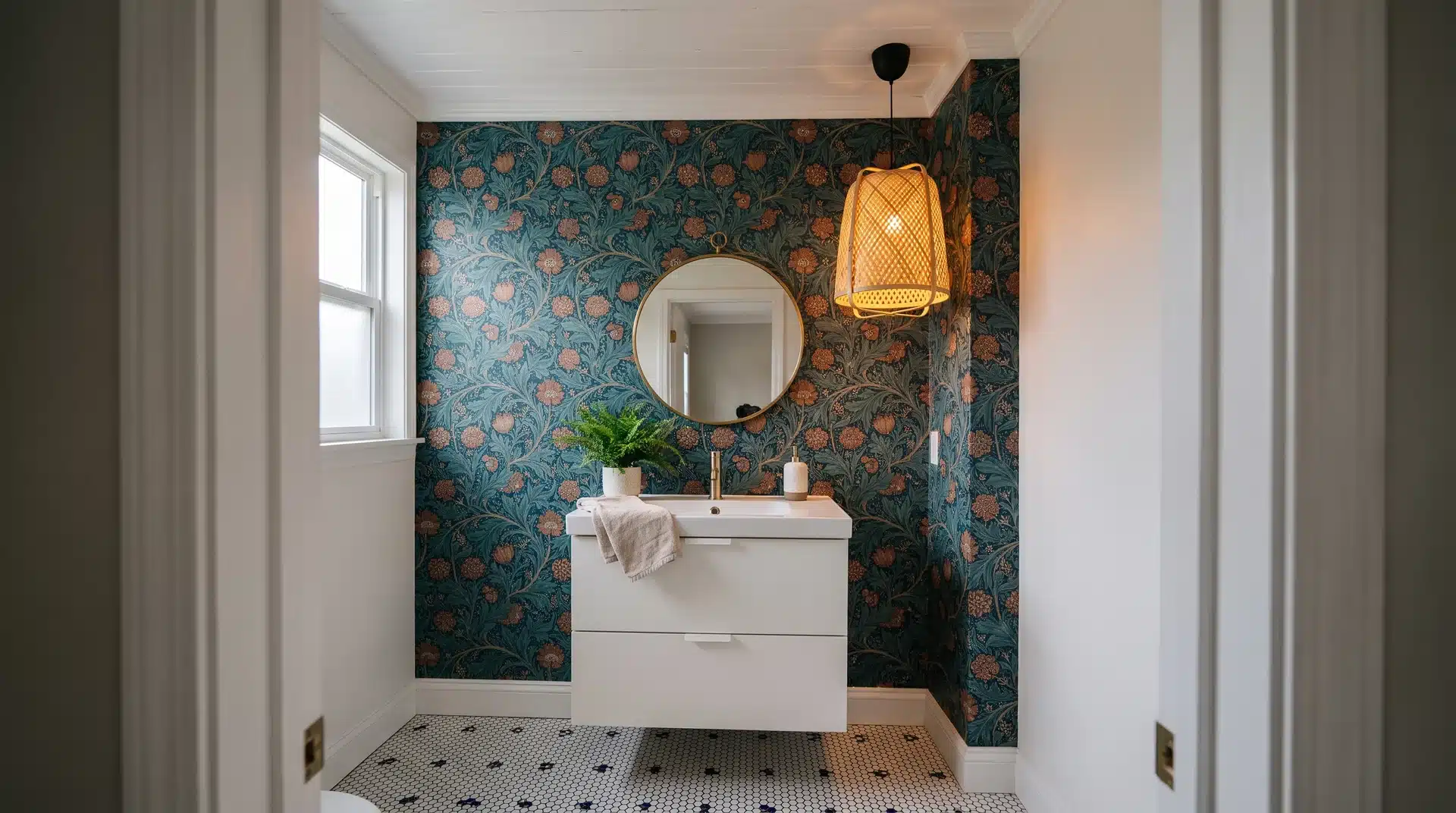 Full guest bathroom with botanical wallpaper accent wall white floating vanity and penny tile floor.