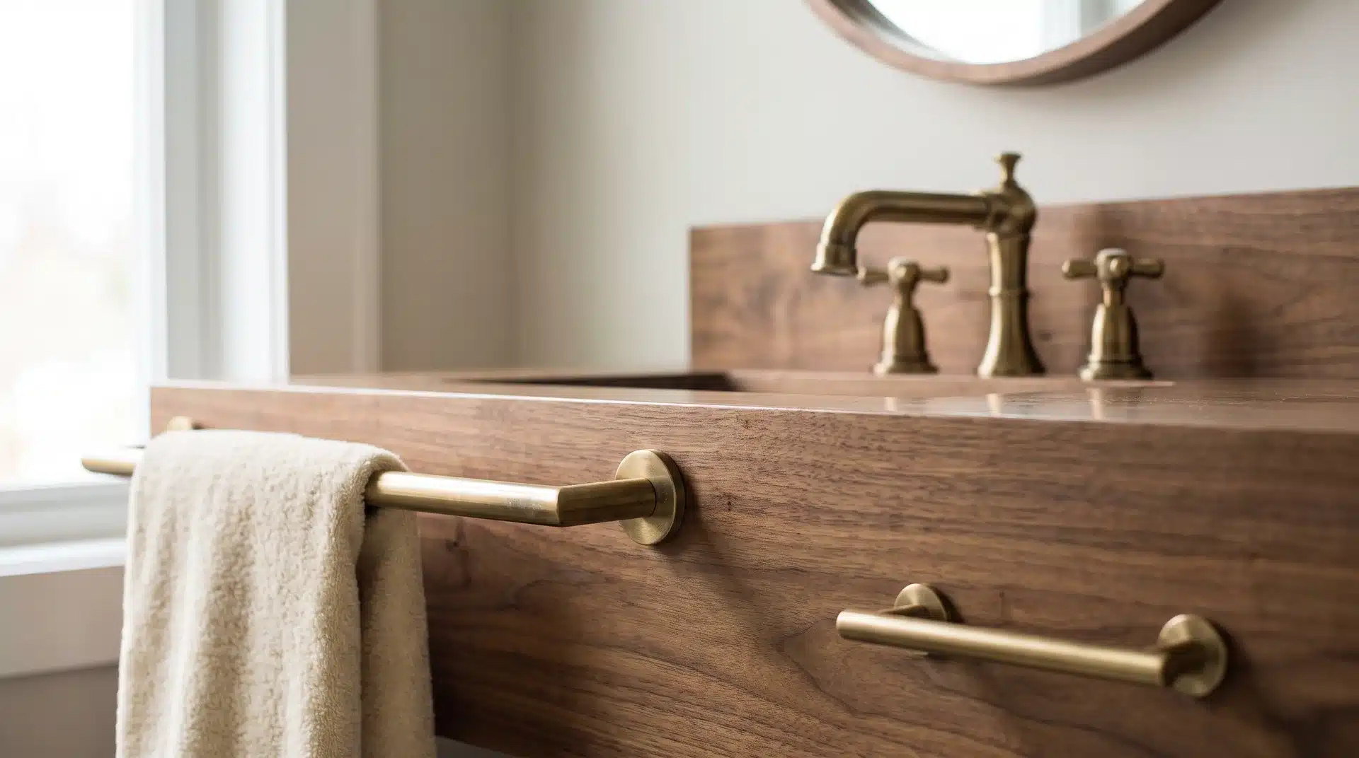 Brushed brass cabinet pulls towel bar and faucet detail on a warm wood guest bathroom vanity.