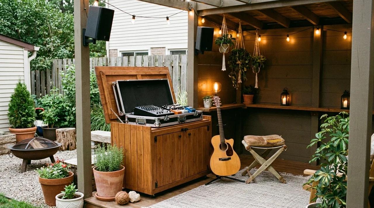 Small backyard music corner with outdoor speakers, instruments, and creative workspace.