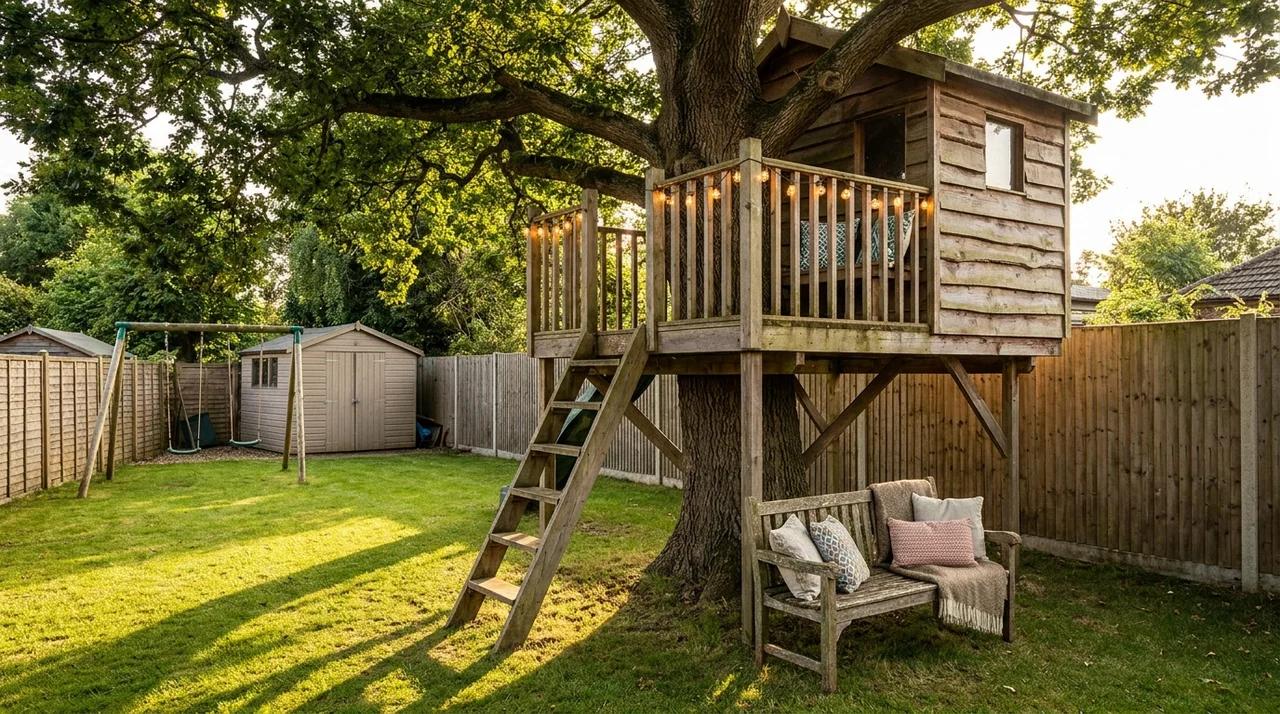 Small backyard treehouse retreat with wooden structure and outdoor space.