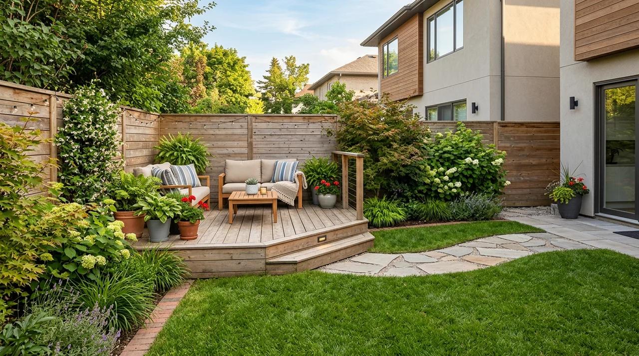 Small backyard with a compact corner deck and outdoor seating area.
