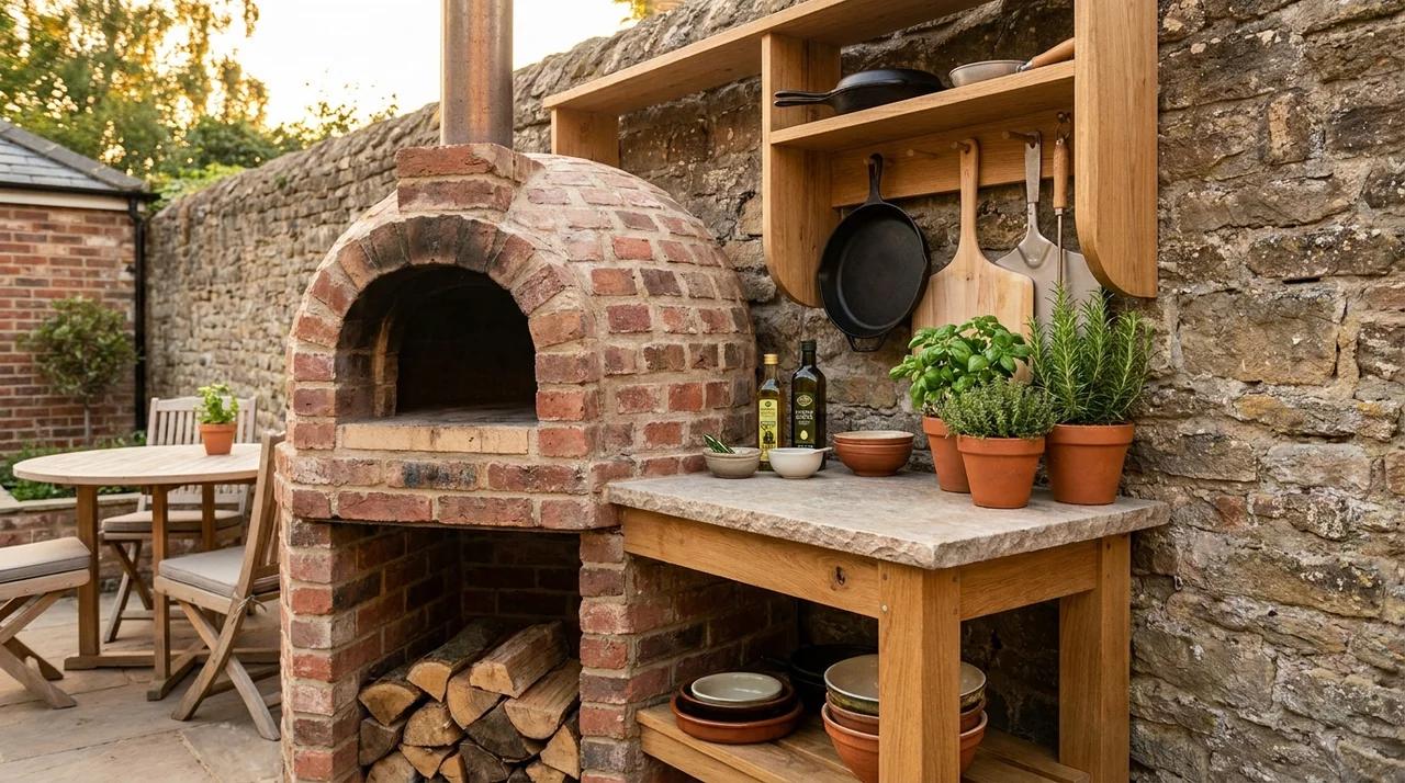 Small backyard pizza oven area with outdoor cooking counter and herb plants.
