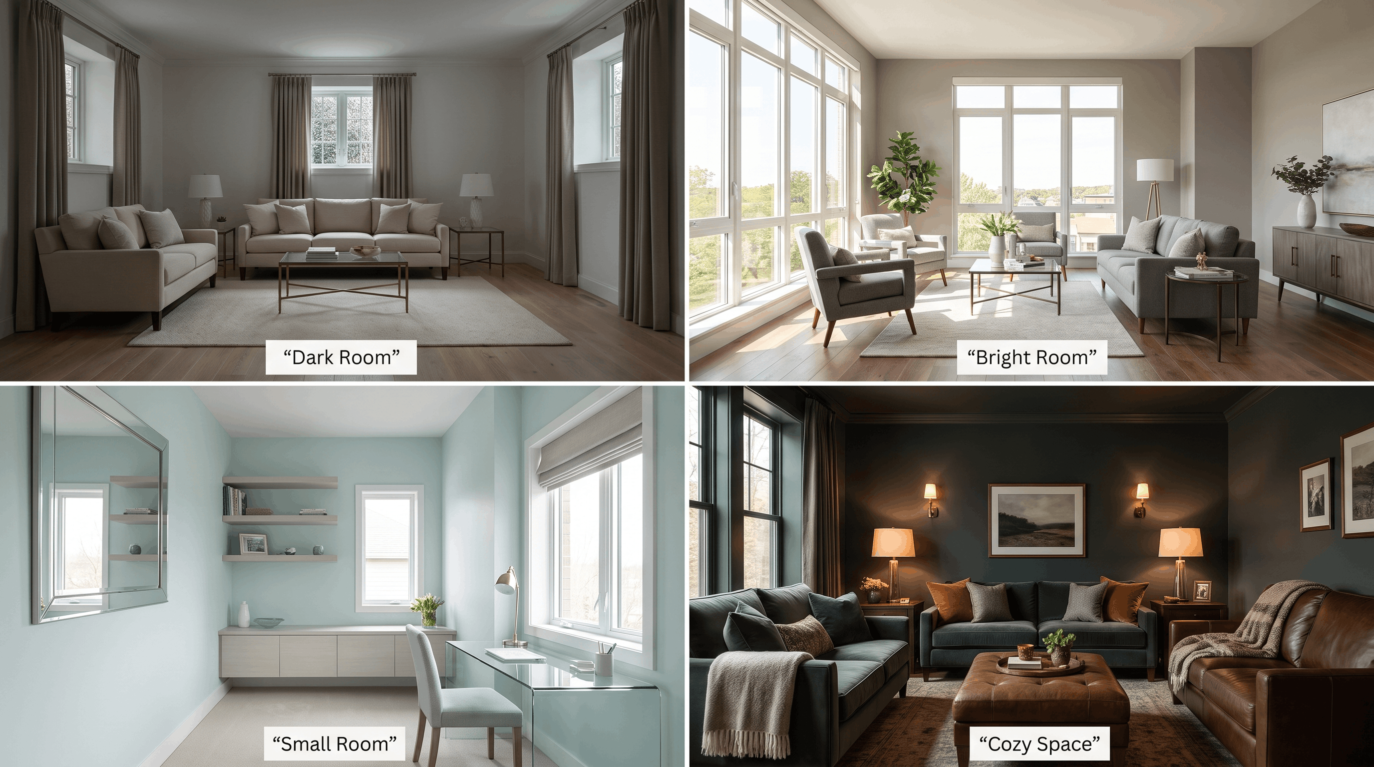 Rooms showing how different LRV paint choices work in dark, bright, small, and cozy spaces