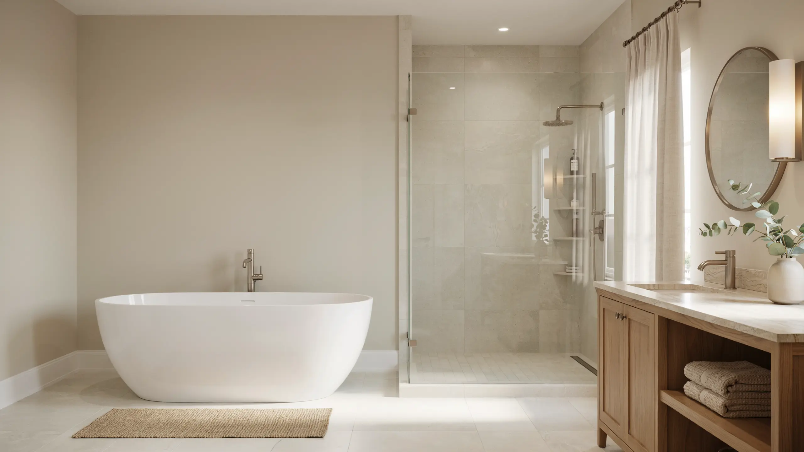 City Loft painted bathroom with warm greige walls and natural finishes