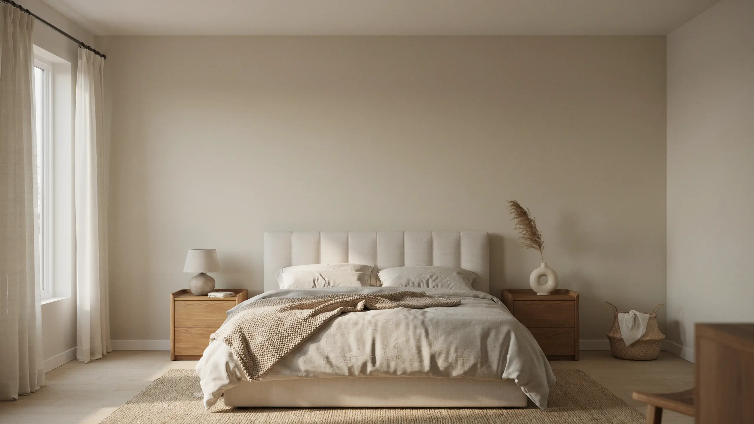 Bedroom featuring City Loft SW 7631 greige walls with warm neutral décor