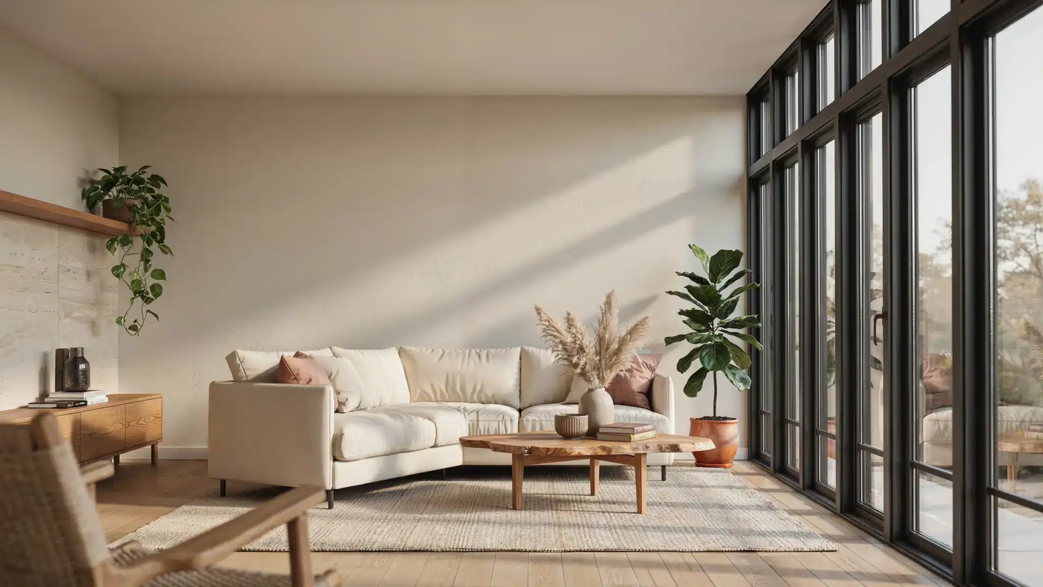 Sherwin Williams City Loft SW 7631 warm greige living room with modern décor.