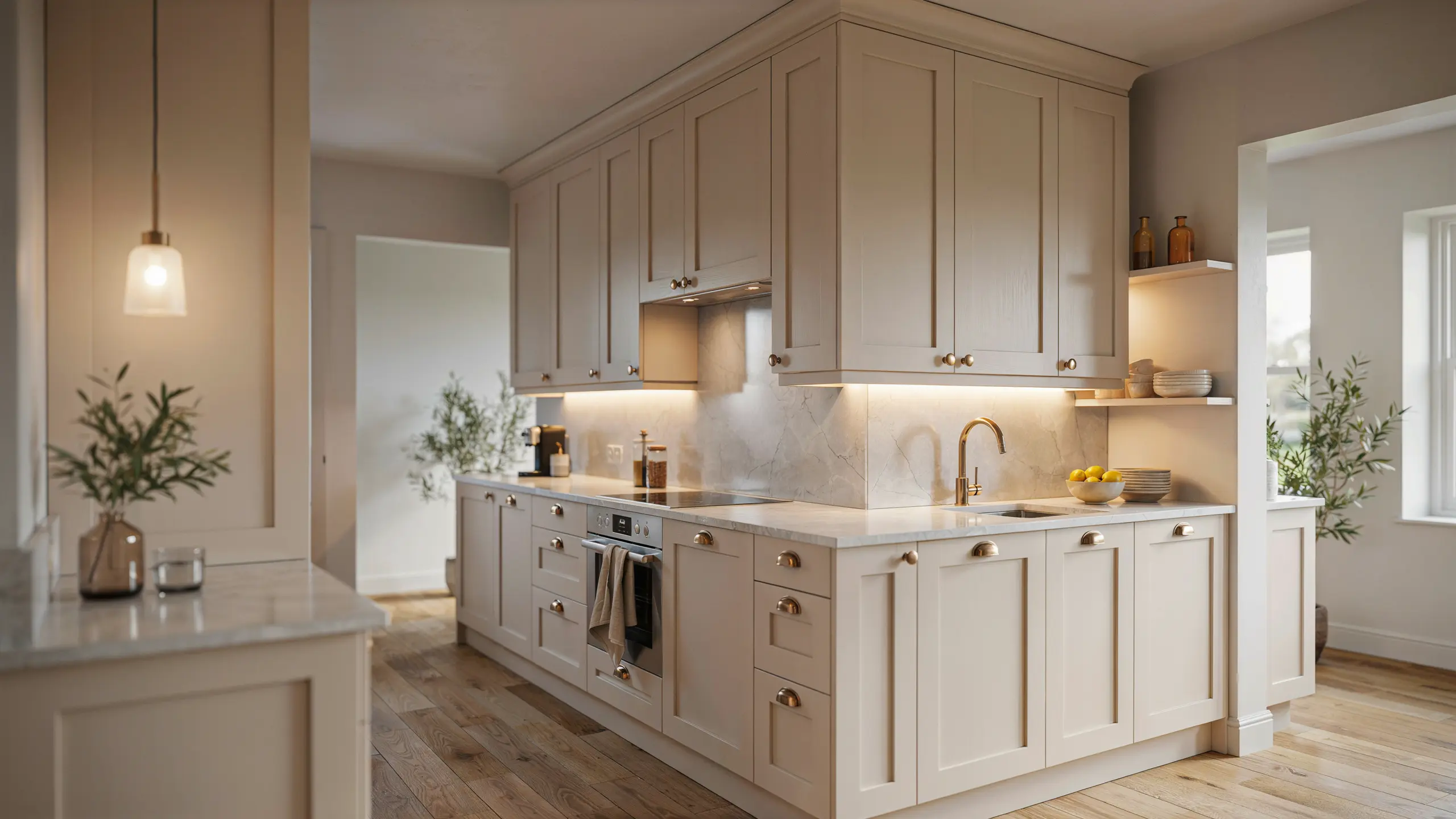 City Loft SW 7631 kitchen cabinets with quartz and brass details