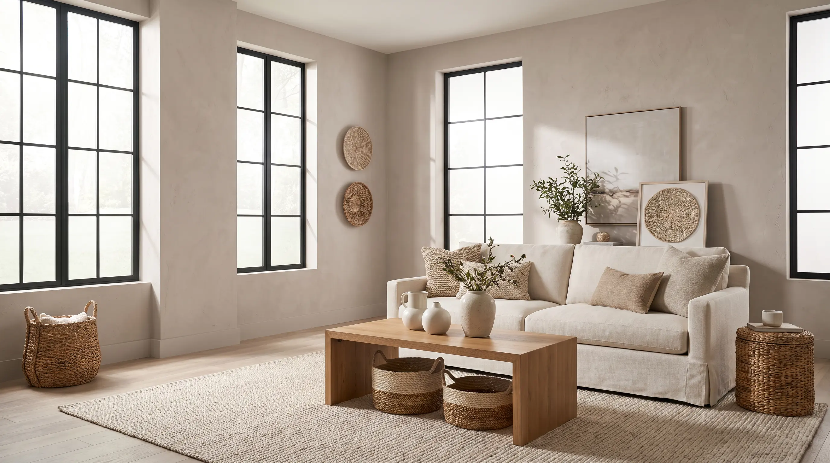 City Loft SW 7631 warm greige living room with black windows and natural décor