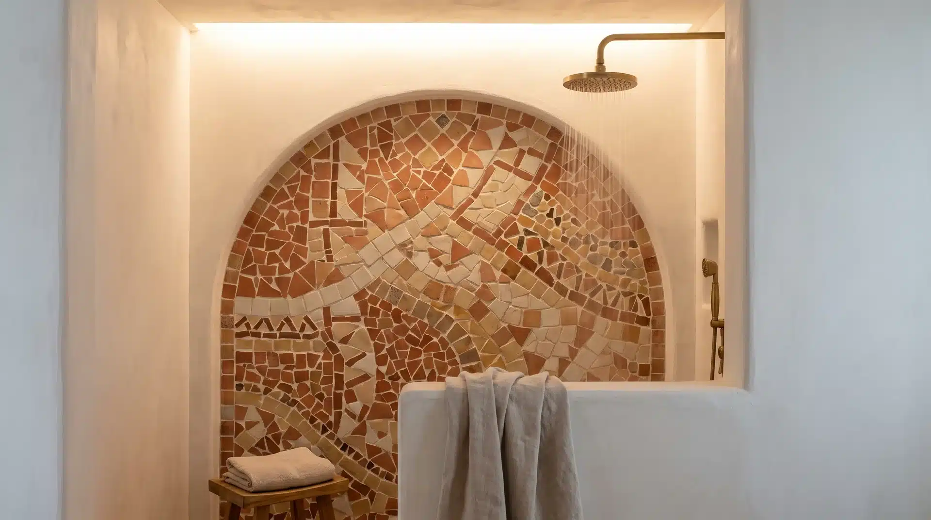 Guest bathroom shower with handcrafted terracotta and cream mosaic tile back wall in warm light.