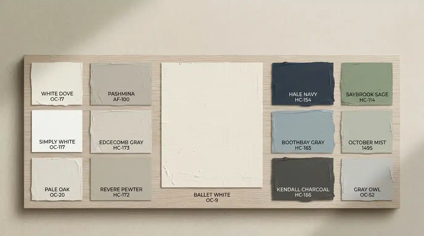 Ballet White paint swatch with coordinating Benjamin Moore colors.