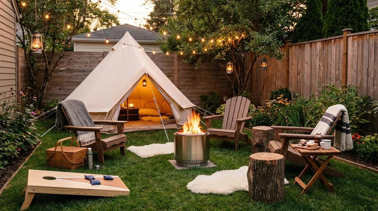 Small backyard camping setup with tent, lanterns, and outdoor relaxation area.