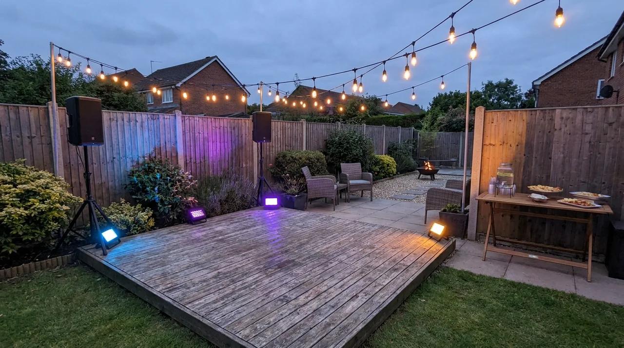 Small backyard dance floor with outdoor lights and entertainment setup.