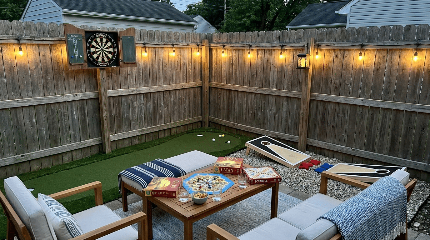 Small backyard game corner with outdoor table and entertainment setup.