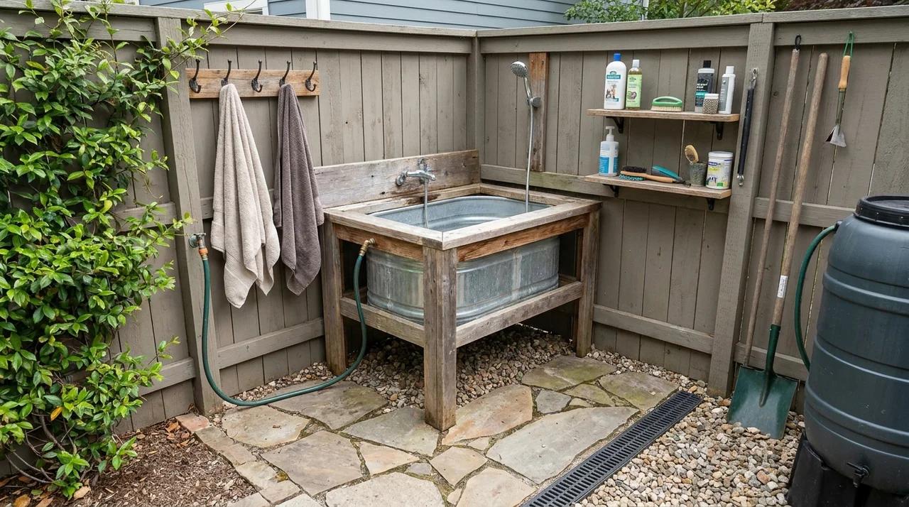 Small backyard pet washing station with outdoor tub and storage area.