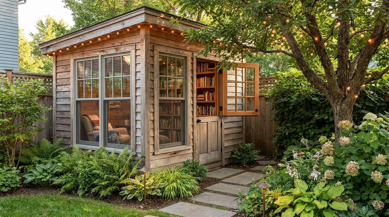Small backyard reading cabin with windows, bookshelves, and a cozy outdoor setting.