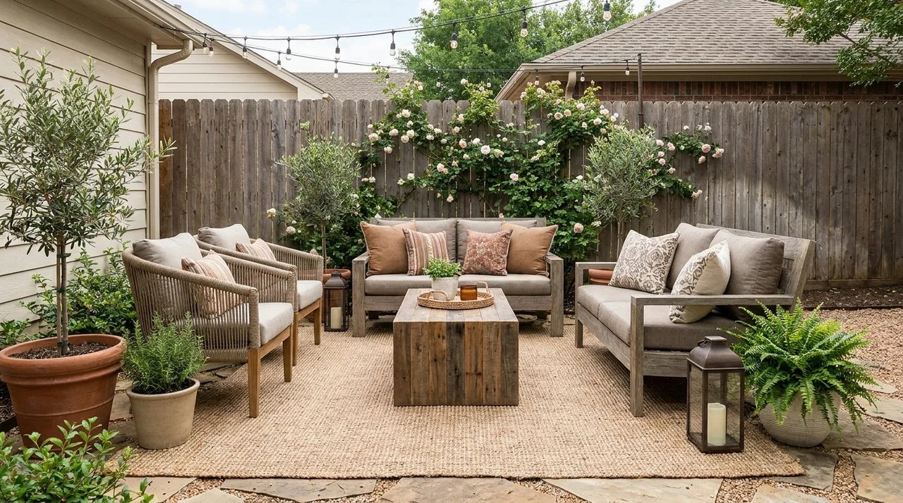 Small backyard transformed into an outdoor living room with rug and compact seating.