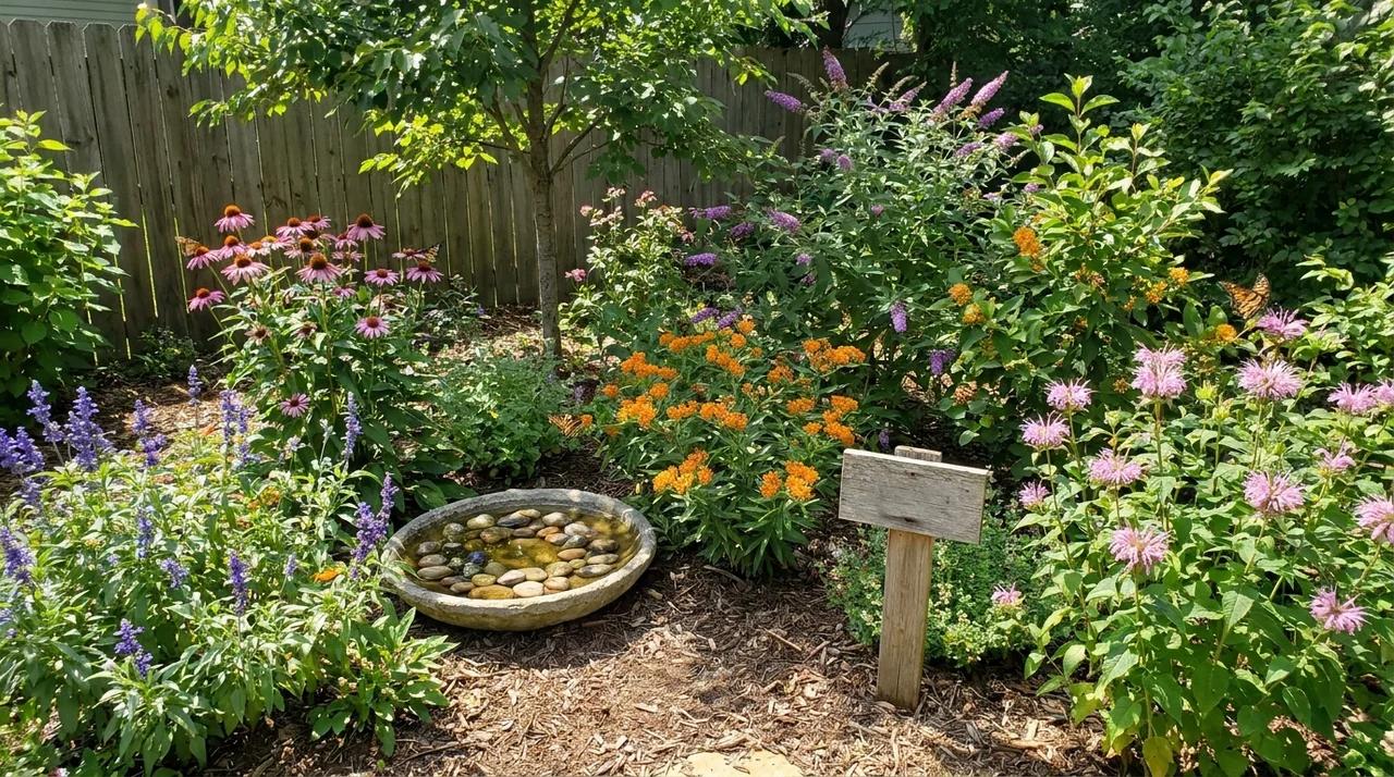 Small backyard butterfly garden with flowers and pollinator-friendly plants.