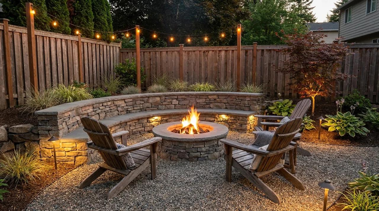 Small backyard fire pit circle with seating for outdoor gatherings.