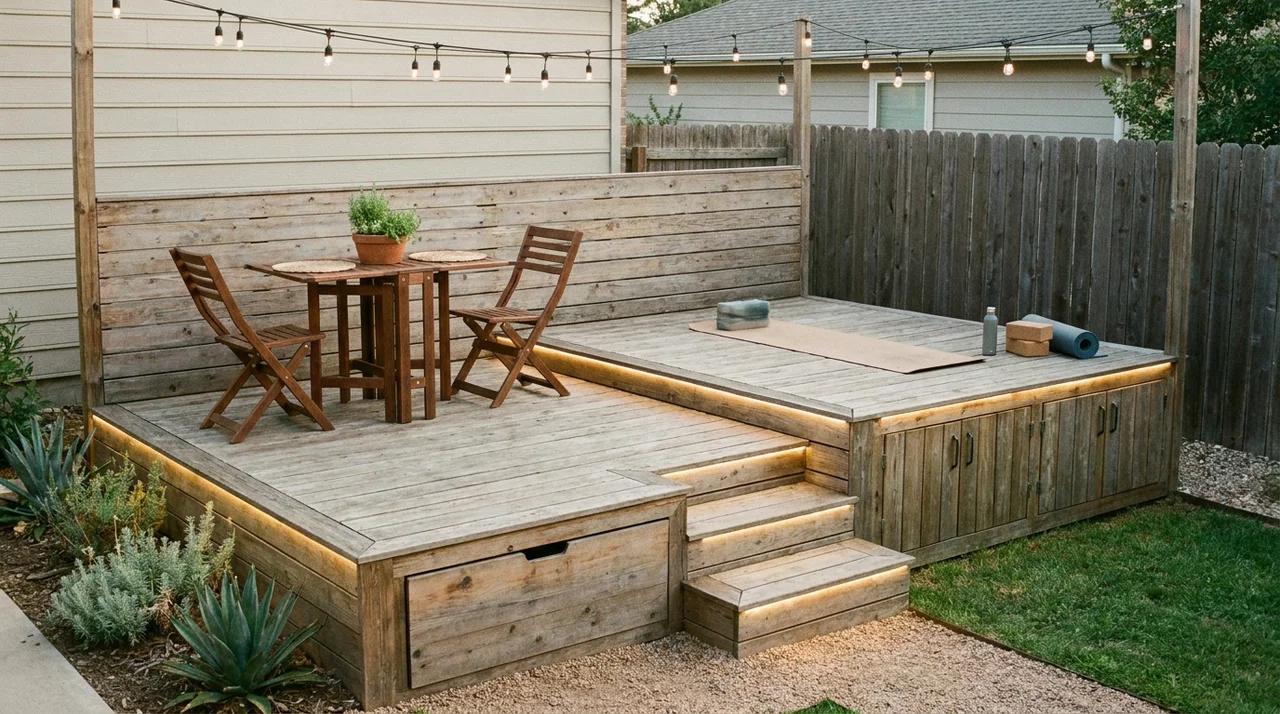 Multi-purpose raised backyard platform with dining, activity, and storage space.
