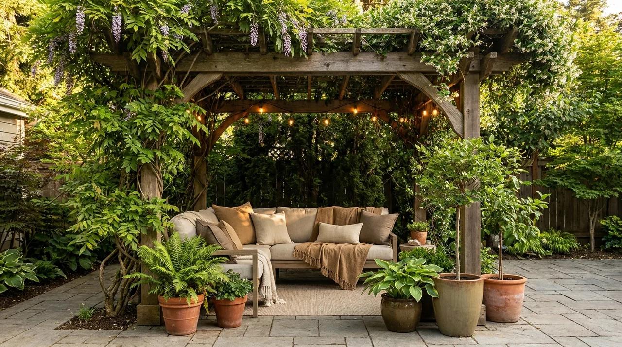 Small backyard pergola lounge with climbing plants and shaded seating.