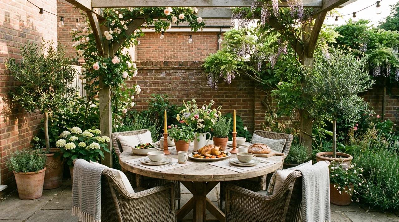 Compact backyard dining area with table setup, shade, and outdoor decor.