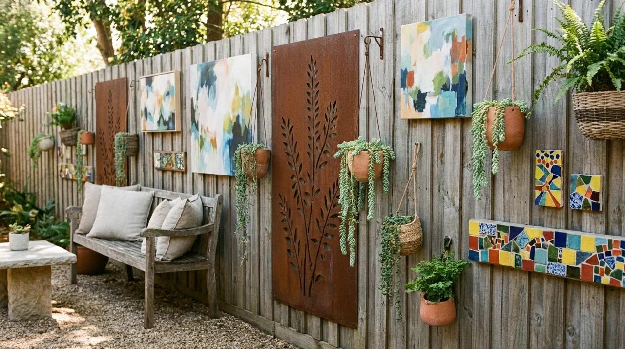 Small backyard fence decorated with outdoor artwork and vertical garden elements.