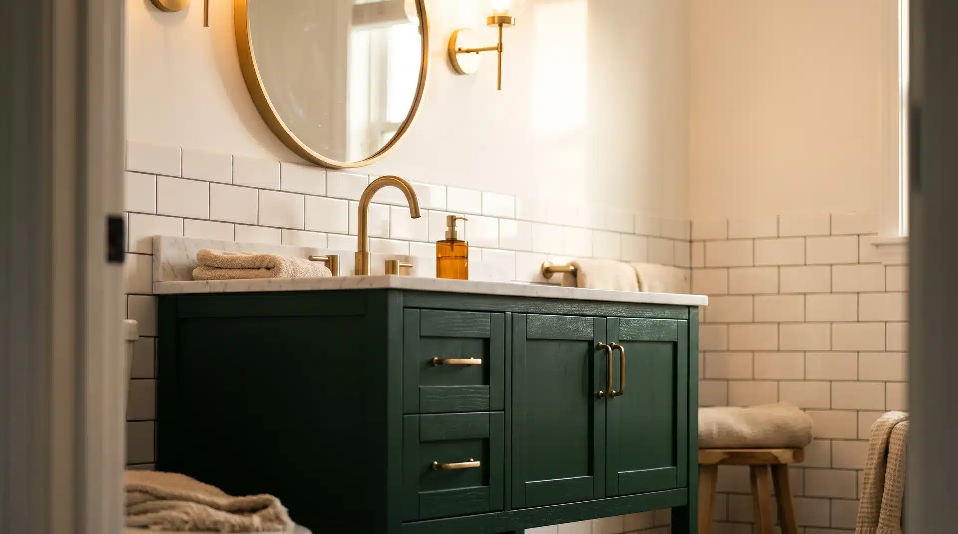 Deep green guest bathroom vanity with brushed gold faucet against soft white subway tile walls.
