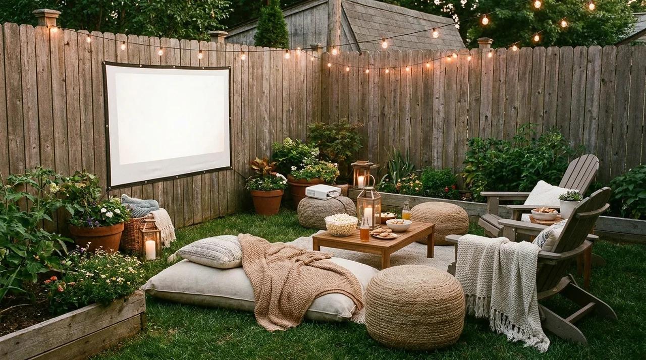 Small backyard movie setup with projector screen, seating, and outdoor lights.