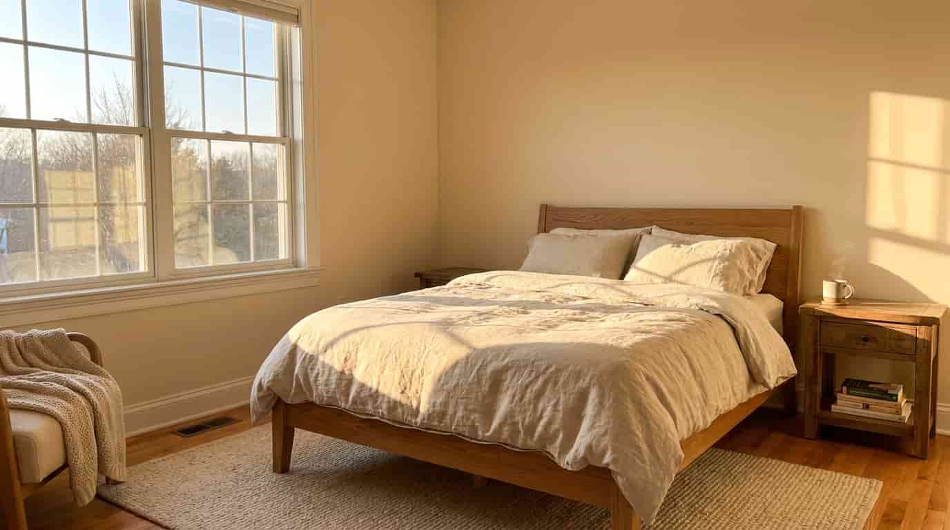 East-facing room with warm morning sunlight showing how light changes paint color appearance