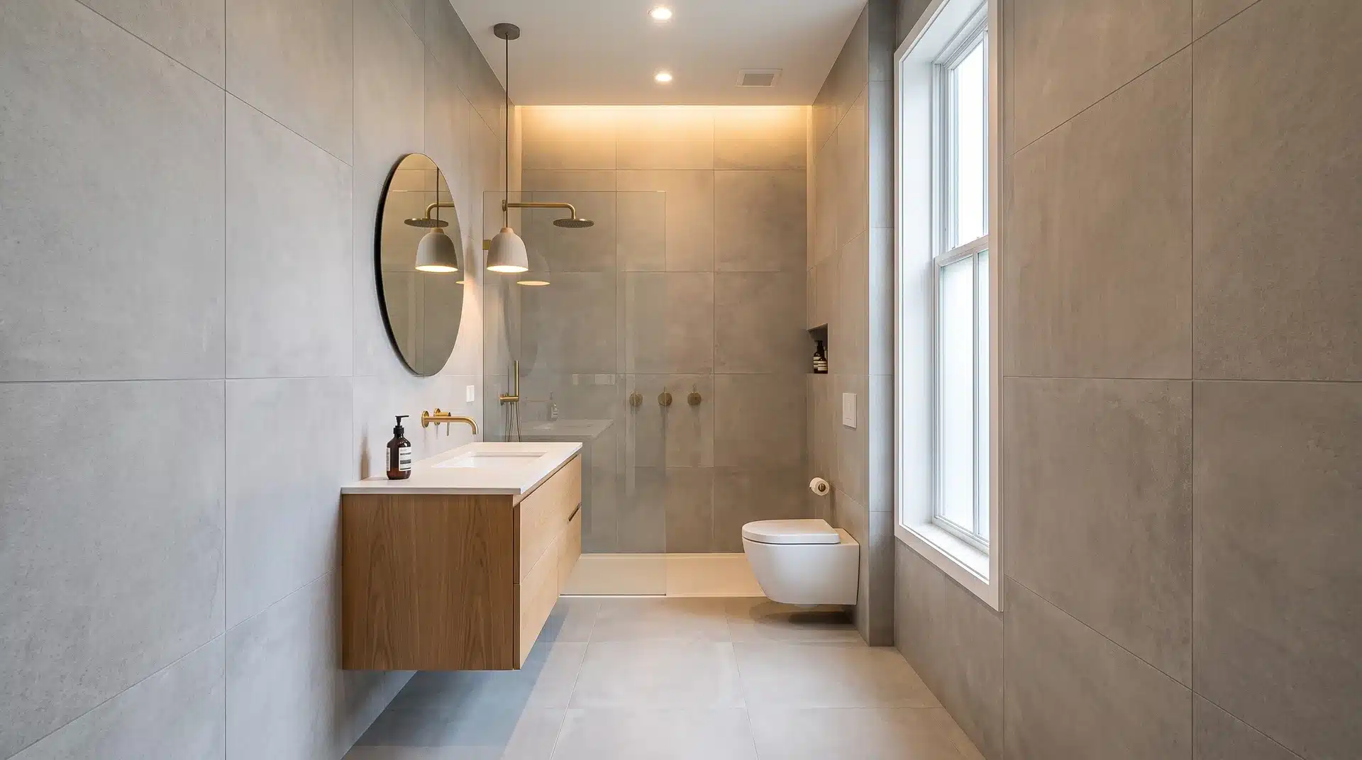 Compact guest bathroom with large format grey tile from floor to ceiling and white floating vanity.