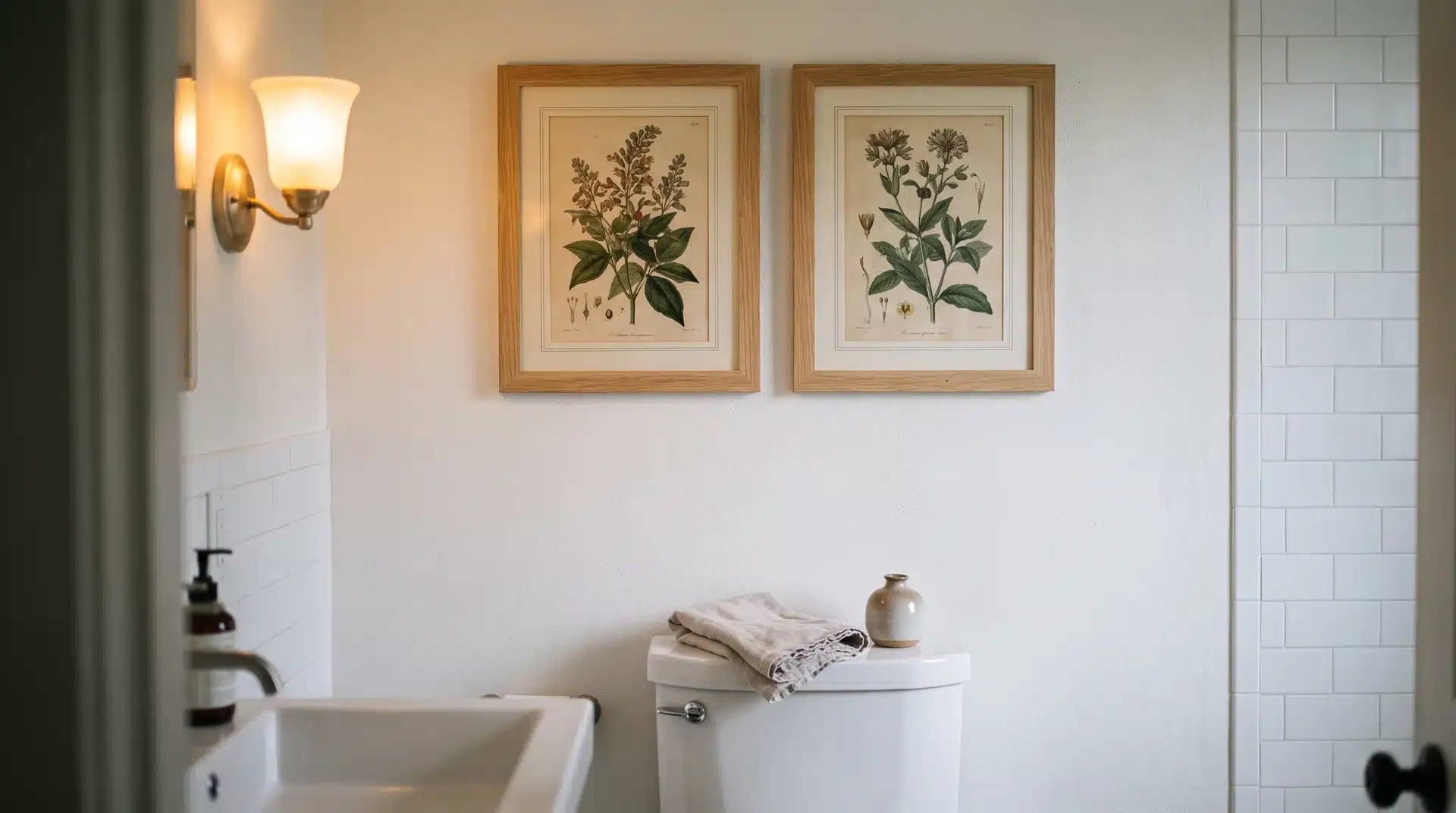 Two framed botanical prints above a toilet on a white guest bathroom wall in warm ambient light.