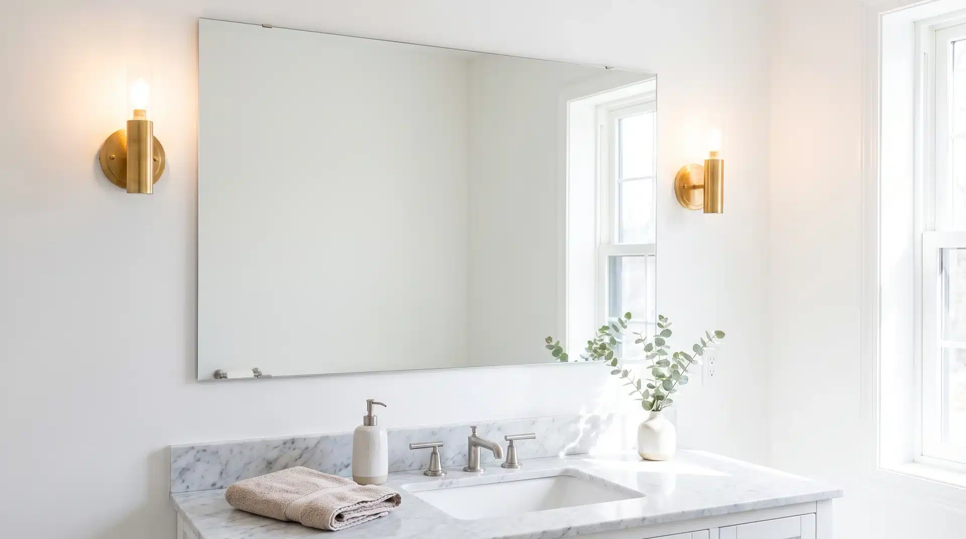 Large frameless mirror above a white undermount sink with warm sconce lighting on either side.