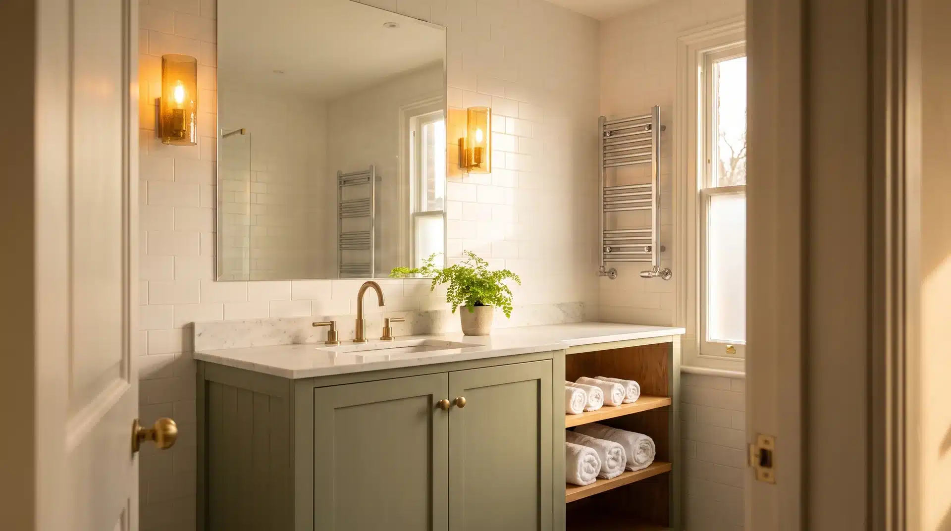 Full guest bathroom with sage green vanity brass fixtures marble counter and warm sconce lighting.