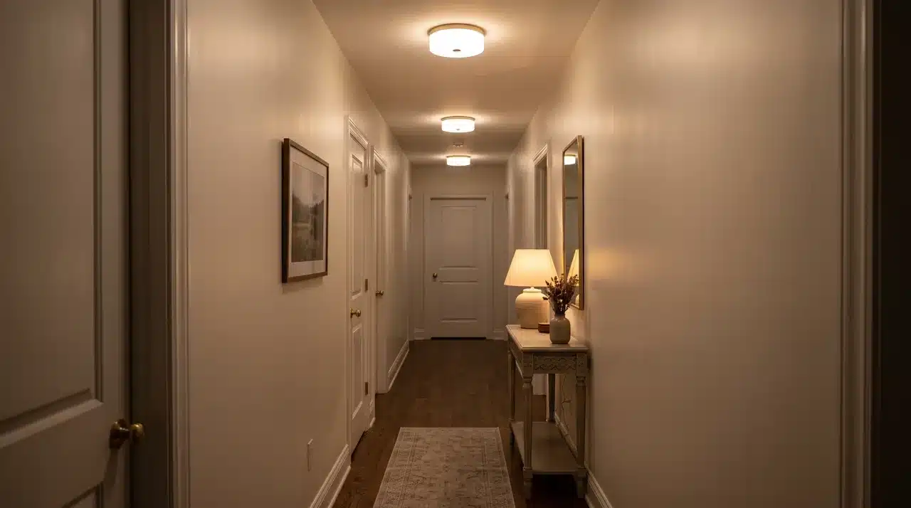 Low-light hallway with warm off-white walls and wood flooring.