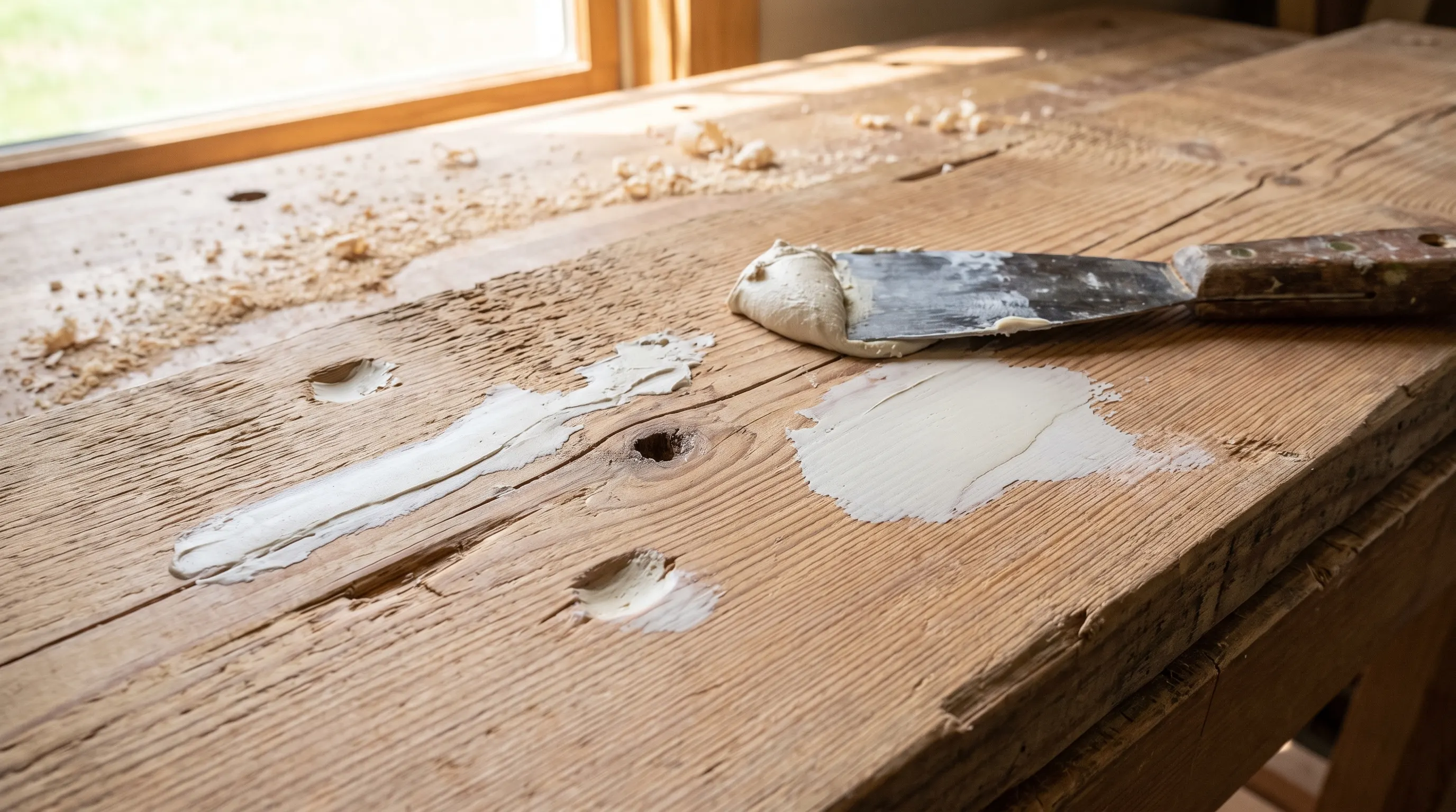 Wood filler applied to repair cracks and holes in unfinished wood