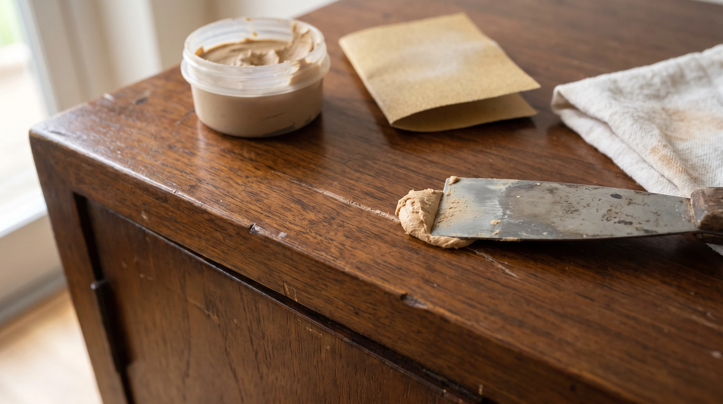 Wood putty repairing small scratches on finished wooden furniture