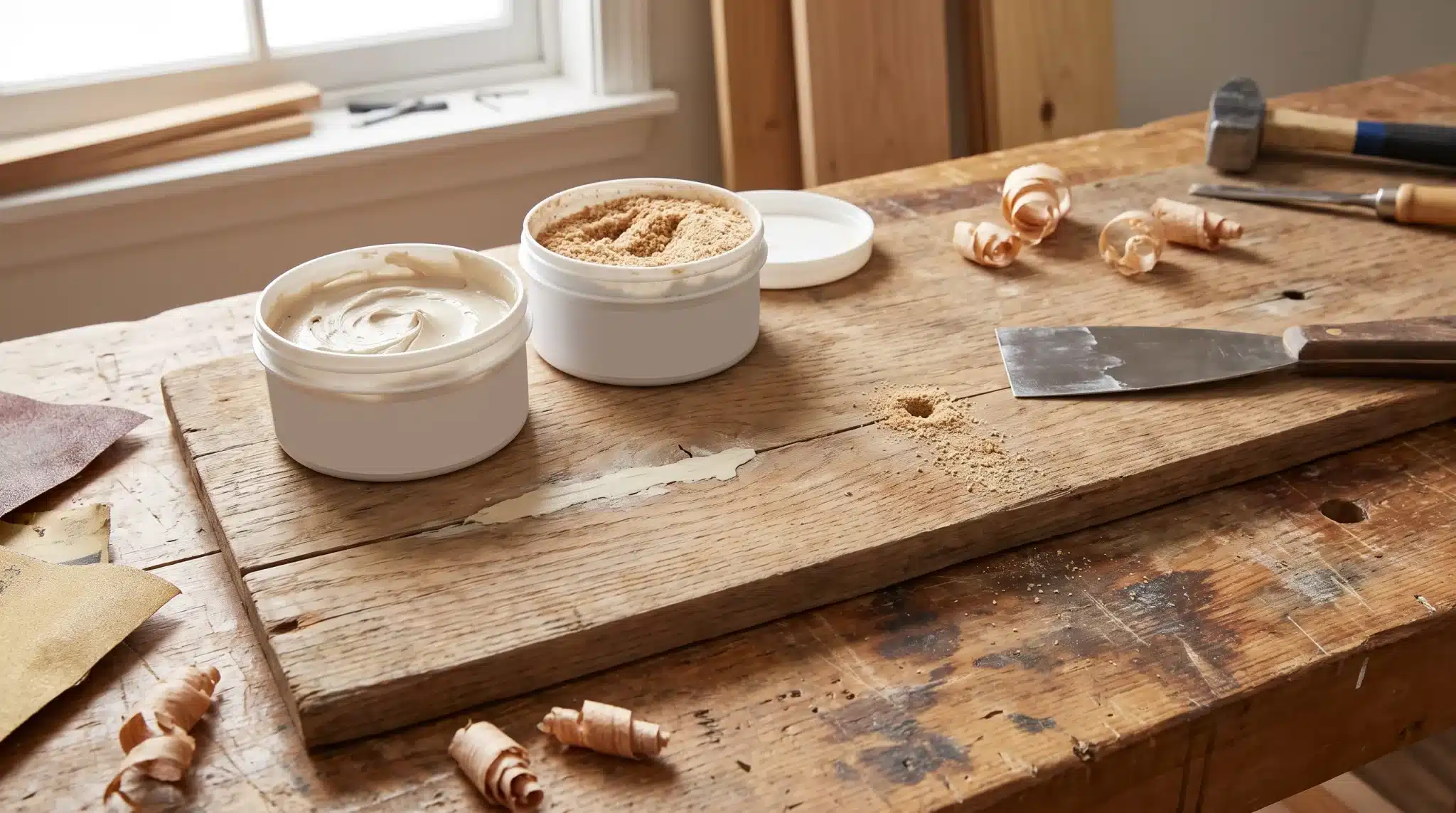 Wood putty vs wood filler comparison showing two repair materials for wood surfaces