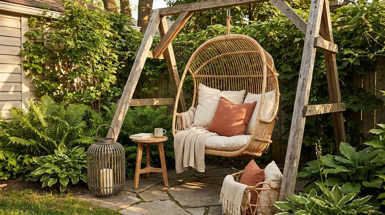 Small backyard with a cozy hanging chair retreat surrounded by greenery.