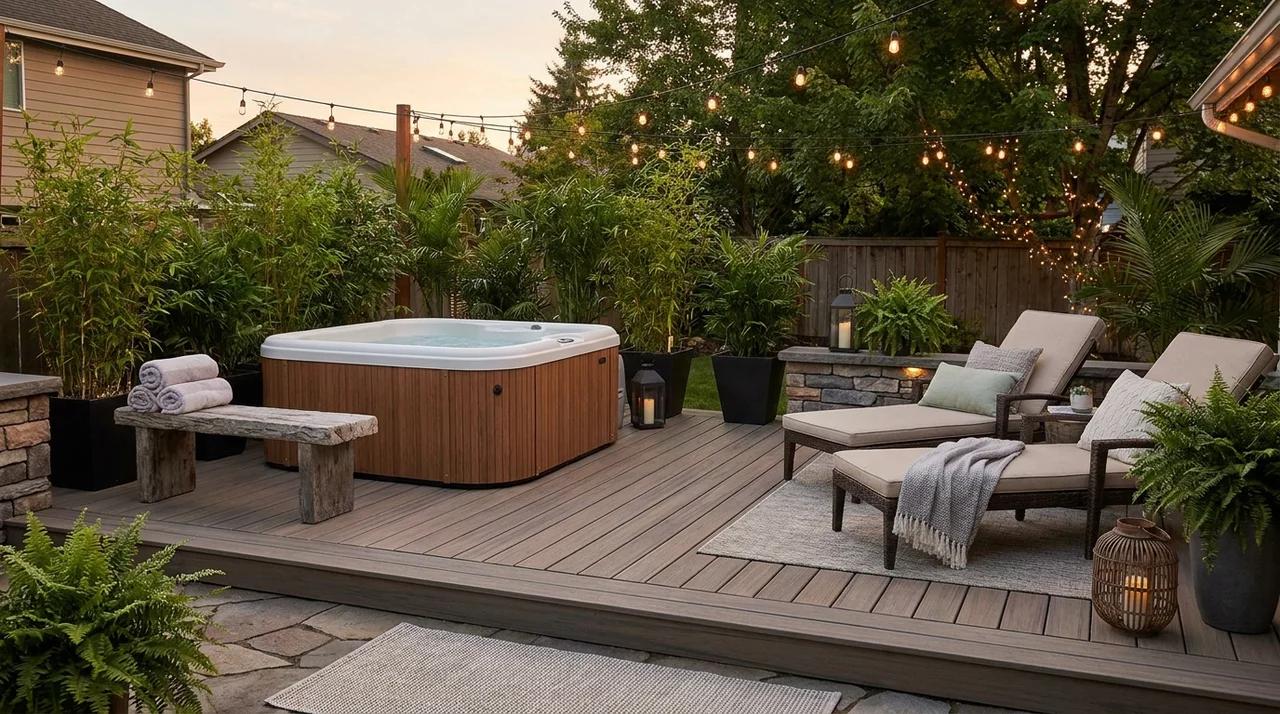Portable hot tub spa setup with seating and privacy features in a backyard patio area.