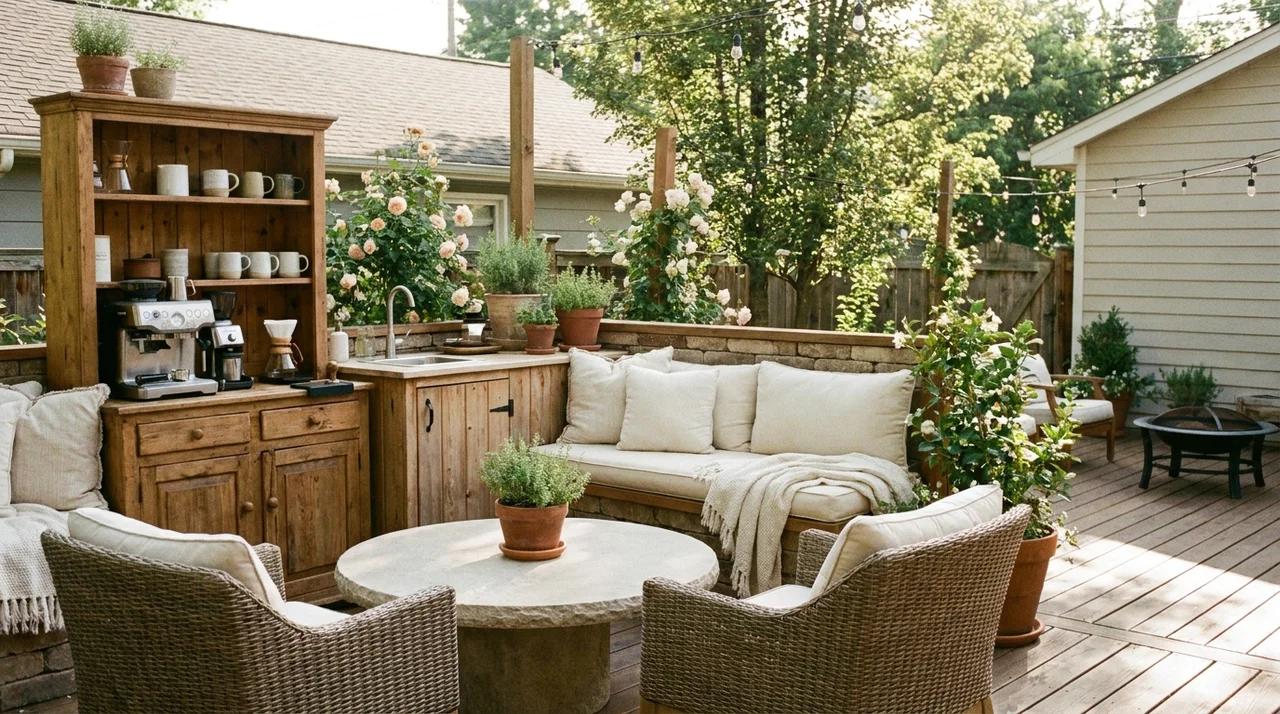 Outdoor coffee corner with a small coffee station and cozy backyard seating area.
