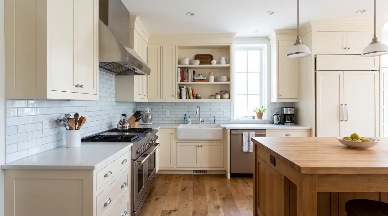 Kitchen with warm off-white cabinets and a natural wood island.