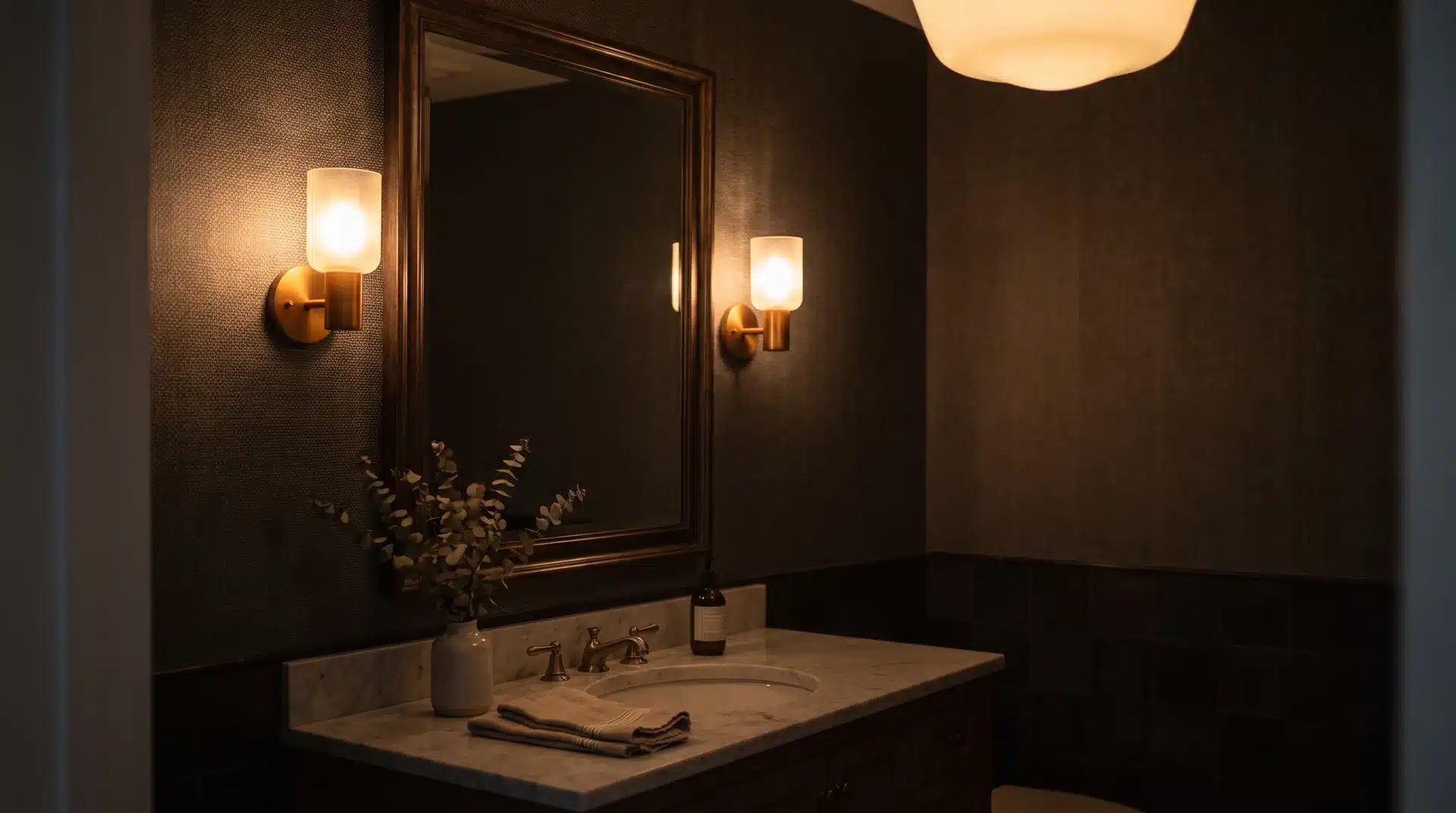Guest bathroom vanity with warm wall sconces at eye level on either side of a large mirror in evening light.